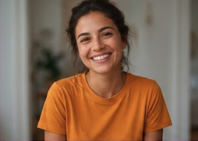 Imagen de estilo cálido, de una chica sonriendo con playera naranja y una sonrisa amigable