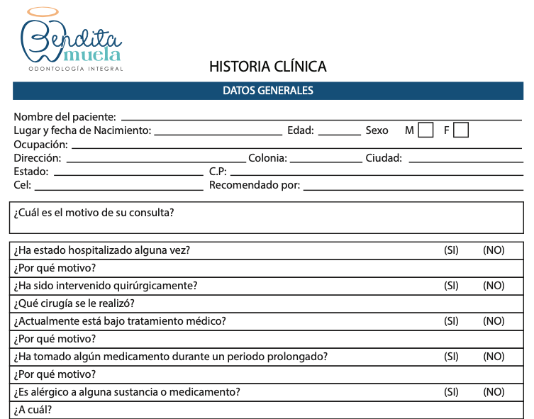 Imagen de la primera página del formato de historia clínica de bendita muela