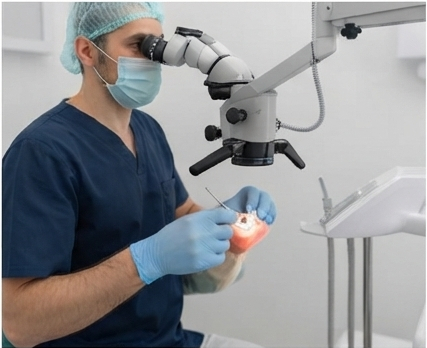 Dentista observando un diente a través de un microscopio
