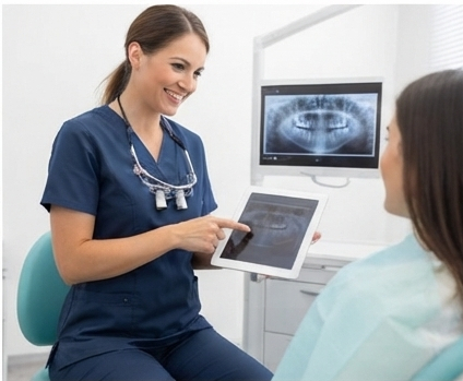 DEntista mujer mostrandole a su paciente una imagen de los rayos x de sus dientes a través de una tablet